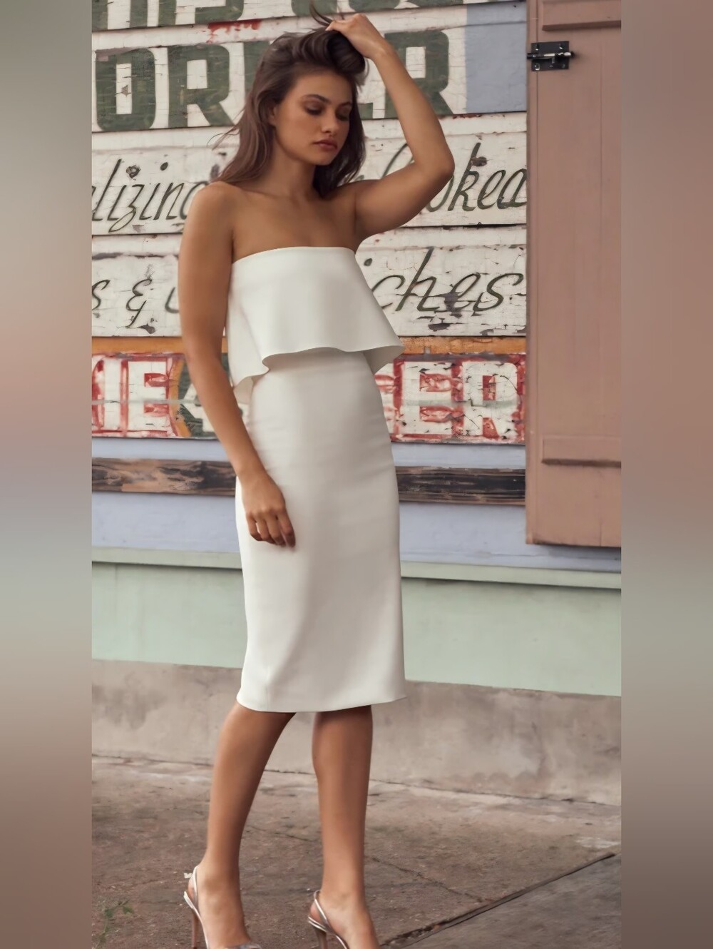 LIKELY Driggs White Strapless Drape Overlay Bodycon Midi Dress Size 4